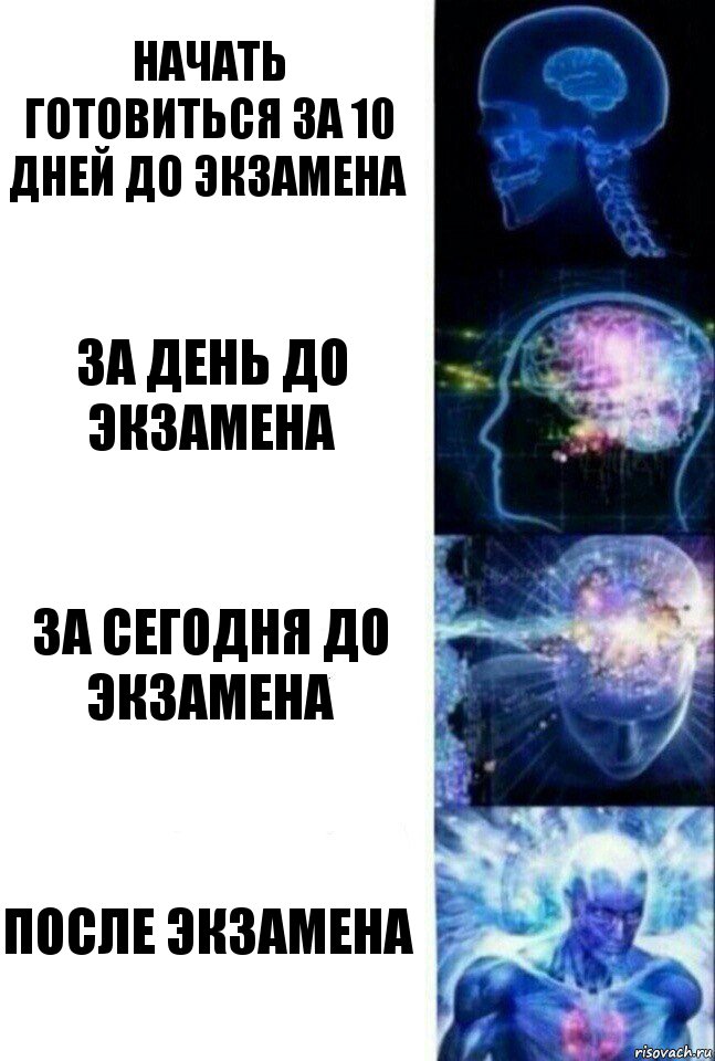 начать готовиться за 10 дней до экзамена за день до экзамена за сегодня до экзамена после экзамена, Комикс  Сверхразум