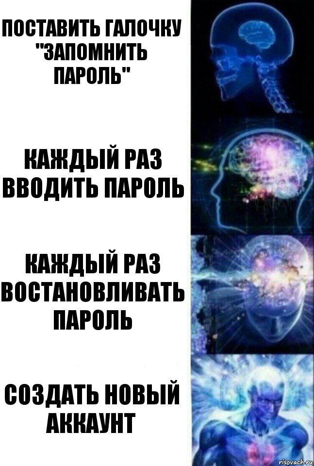 Поставить галочку "запомнить пароль" Каждый раз вводить пароль Каждый раз востановливать пароль Создать новый аккаунт, Комикс  Сверхразум