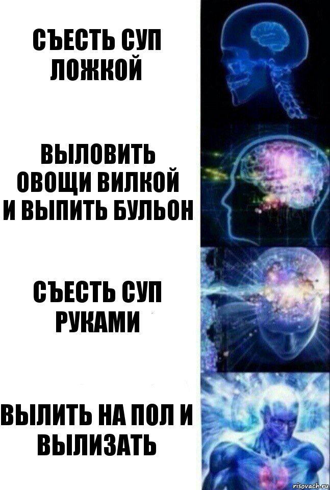 Съесть суп ложкой Выловить овощи вилкой
И выпить бульон Съесть суп руками Вылить на пол и вылизать, Комикс  Сверхразум