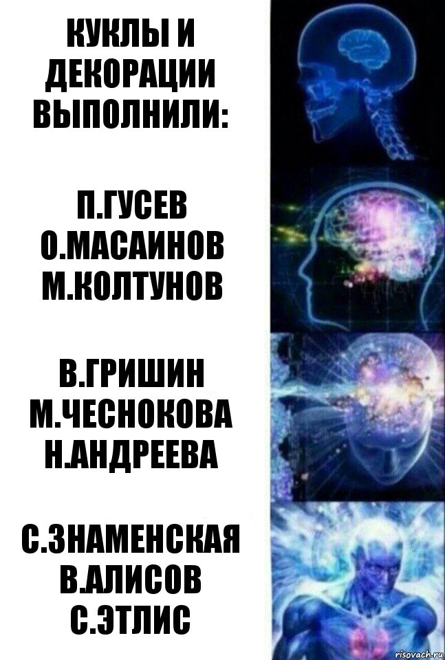 куклы и декорации выполнили: п.гусев
о.масаинов
м.колтунов в.гришин
м.чеснокова
н.андреева с.знаменская
в.алисов
с.этлис, Комикс  Сверхразум