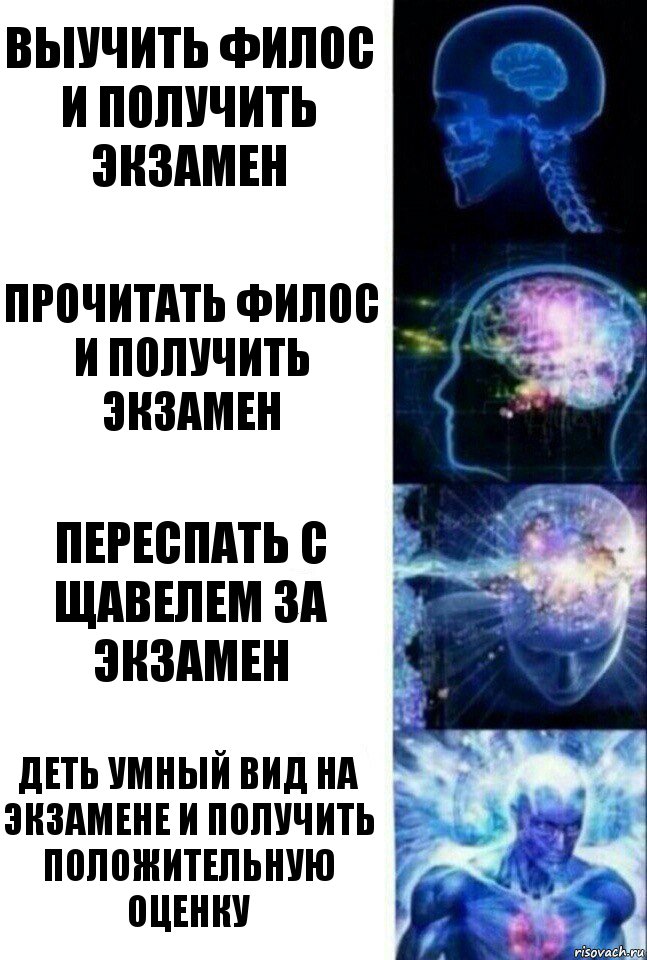 Выучить филос и получить экзамен Прочитать филос и получить экзамен Переспать с Щавелем за экзамен деть умный вид на экзамене и получить положительную оценку, Комикс  Сверхразум