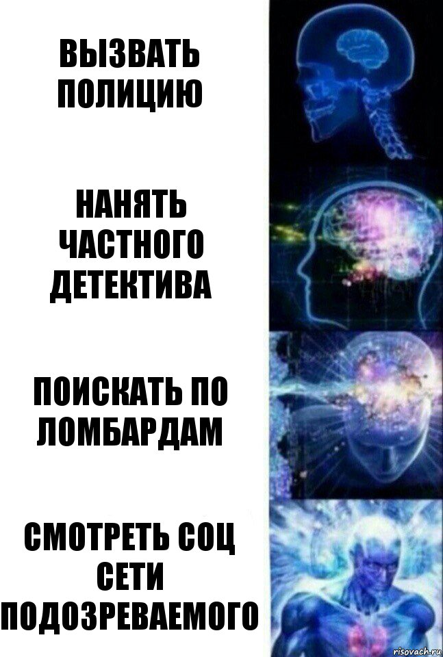 Вызвать полицию Нанять частного детектива Поискать по ломбардам Смотреть соц сети подозреваемого, Комикс  Сверхразум