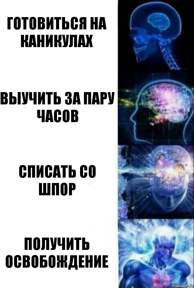 Готовиться на каникулах Выучить за пару часов Списать со шпор Получить освобождение, Комикс  Сверхразум