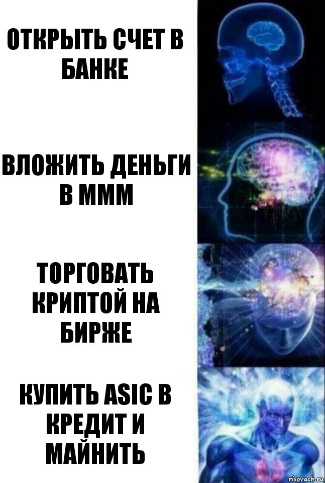 Открыть счет в банке Вложить деньги в МММ торговать криптой на бирже Купить ASIC в кредит и майнить, Комикс  Сверхразум