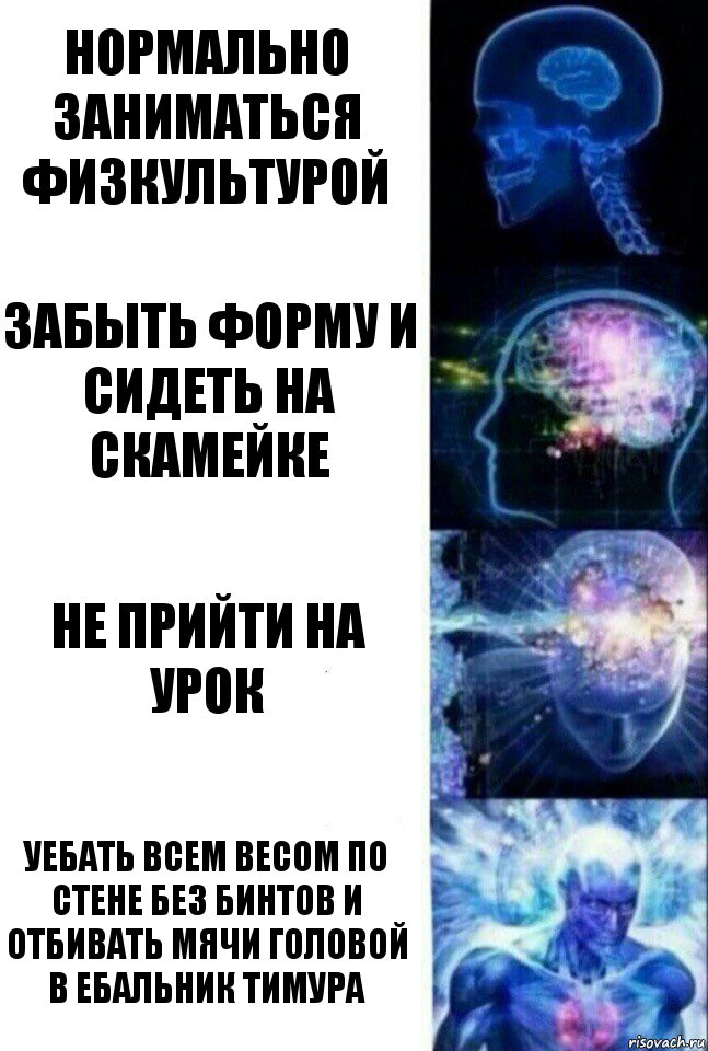 Нормально заниматься физкультурой Забыть форму и сидеть на скамейке Не прийти на урок Уебать всем весом по стене без бинтов и отбивать мячи головой в ебальник Тимура, Комикс  Сверхразум