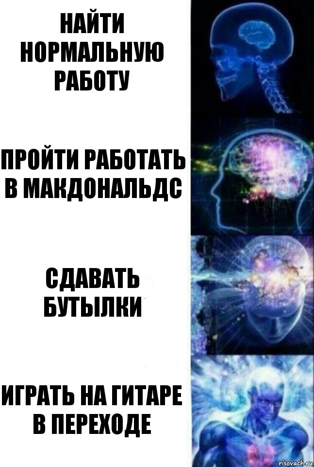 Найти нормальную работу Пройти работать в Макдональдс Сдавать бутылки Играть на гитаре в переходе, Комикс  Сверхразум