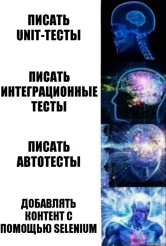 Писать unit-тесты Писать интеграционные тесты Писать автотесты Добавлять контент с помощью Selenium, Комикс  Сверхразум