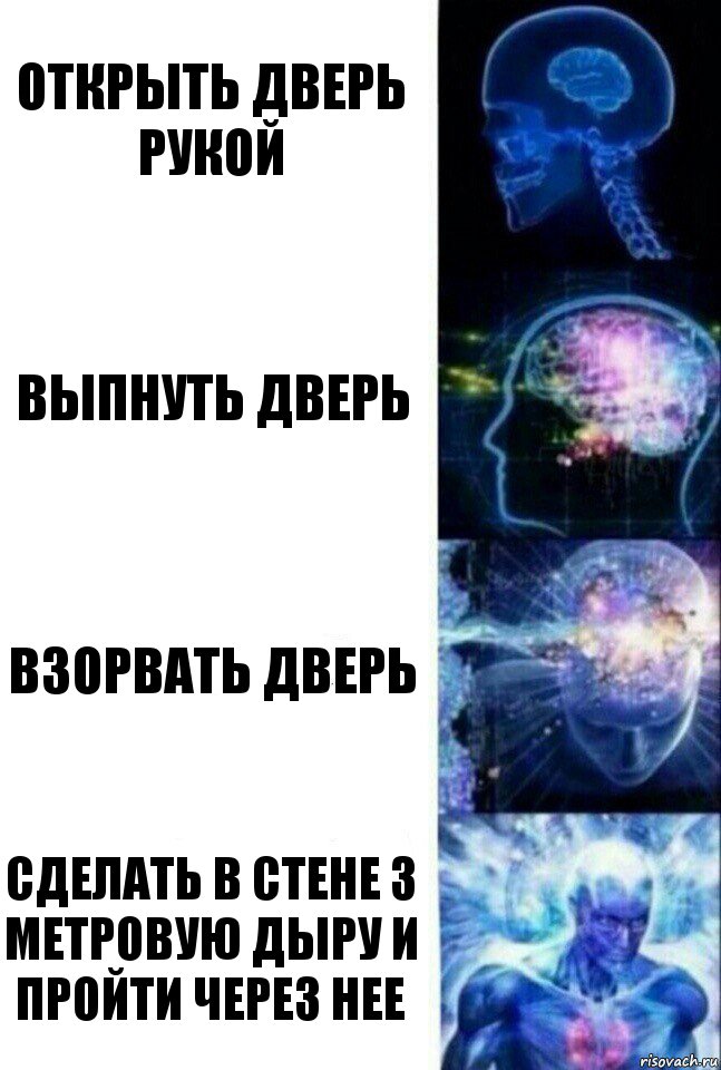 открыть дверь рукой выпнуть дверь взорвать дверь сделать в стене 3 метровую дыру и пройти через нее, Комикс  Сверхразум