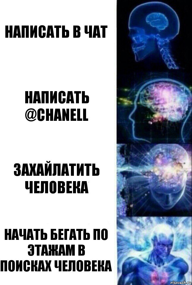 Написать в чат Написать @chanell Захайлатить человека Начать бегать по этажам в поисках человека, Комикс  Сверхразум