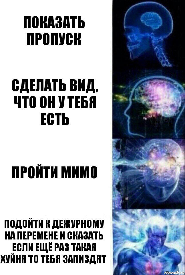 Показать пропуск Сделать вид, что он у тебя есть пройти мимо Подойти к дежурному на перемене и сказать если ещё раз такая хуйня то тебя запиздят, Комикс  Сверхразум