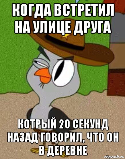 когда встретил на улице друга котрый 20 секунд назад говорил, что он в деревне, Мем    Упоротая сова