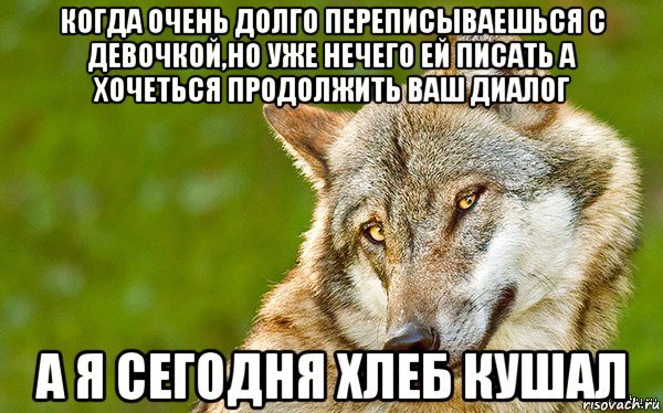 когда очень долго переписываешься с девочкой,но уже нечего ей писать а хочеться продолжить ваш диалог а я сегодня хлеб кушал, Мем   Volf