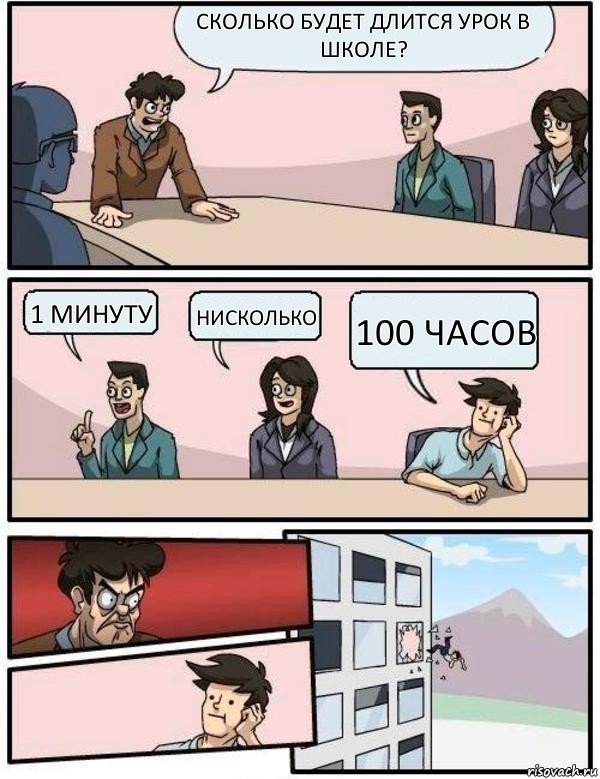 Сколько будет длится урок в школе? 1 минуту нисколько 100 часов, Комикс Выкинул из окна на совещании