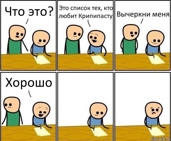 Что это? Это список тех, кто любит Крипипасту Вычеркни меня Хорошо