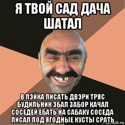 я твой сад дача шатал в лэйка писать двэри тряс будильник эбал забор качал соседей ебать на сабаку соседа писал под ягодные кусты срать, Мем Я твой дом труба шатал