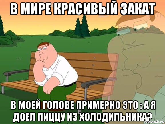 в мире красивый закат в моей голове примерно это : а я доел пиццу из холодильника?, Мем Задумчивый Гриффин