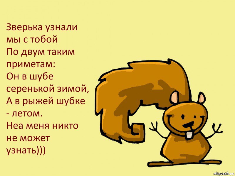 Зверька узнали мы с тобой
По двум таким приметам:
Он в шубе серенькой зимой,
А в рыжей шубке - летом.
Неа меня никто не может узнать))), Комикс  белка