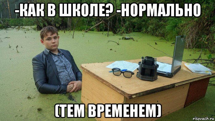 -как в школе? -нормально (тем временем), Мем  Парень сидит в болоте