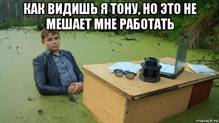 как видишь я тону, но это не мешает мне работать , Мем  Парень сидит в болоте