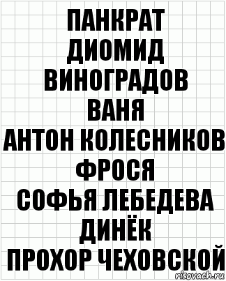 Панкрат
Диомид Виноградов
Ваня
Антон Колесников
Фрося
Софья Лебедева
Динёк
Прохор Чеховской, Комикс  бумага