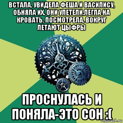 встала, увидела феша и василису, обняла их, они улетели,легла на кровать, посмотрела, вокруг летают цыфры проснулась и поняла-это сон :(, Мем Часодеи