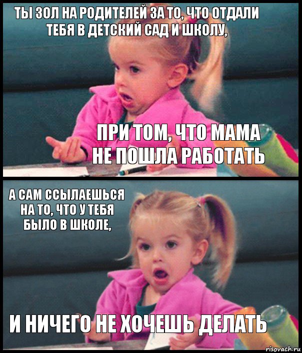 ты зол на родителей за то, что отдали тебя в детский сад и школу, при том, что мама не пошла работать а сам ссылаешься на то, что у тебя было в школе, и ничего не хочешь делать