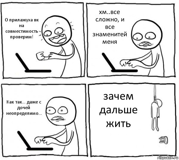 О прилажуха вк на совместимость проверим! хм..все сложно, и все знаменитей меня Как так... даже с дочей неопределимо... зачем дальше жить, Комикс интернет убивает