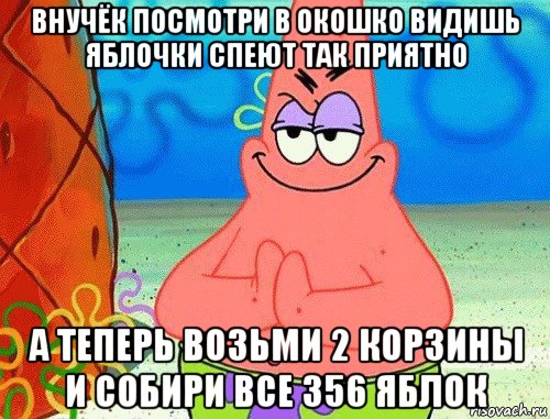 внучёк посмотри в окошко видишь яблочки спеют так приятно а теперь возьми 2 корзины и собири все 356 яблок, Мем коварный патрик