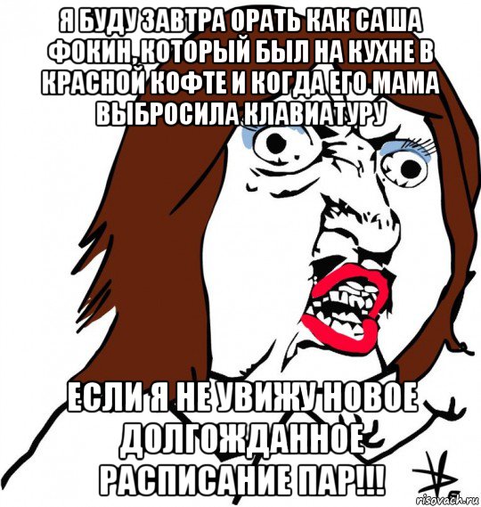 я буду завтра орать как саша фокин, который был на кухне в красной кофте и когда его мама выбросила клавиатуру если я не увижу новое долгожданное расписание пар!!!, Мем Ну почему (девушка)