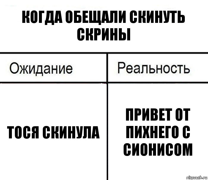 когда обещали скинуть скрины Тося скинула привет от Пихнего с сионисом, Комикс  Ожидание - реальность