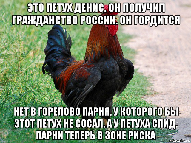 это петух денис. он получил гражданство россии. он гордится нет в горелово парня, у которого бы этот петух не сосал. а у петуха спид. парни теперь в зоне риска