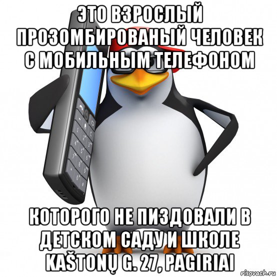 это взрослый прозомбированый человек с мобильным телефоном которого не пиздовали в детском саду и школе kaštonų g. 27, pagiriai, Мем   Пингвин звонит