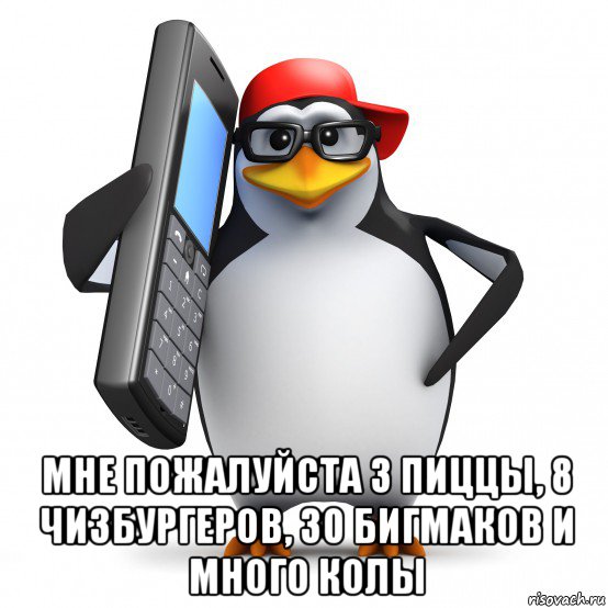  мне пожалуйста 3 пиццы, 8 чизбургеров, 30 бигмаков и много колы, Мем   Пингвин звонит