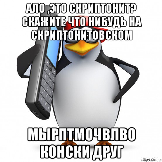 ало ,это скриптонит? скажите что нибудь на скриптонитовском мырптмочвлво конски друг, Мем   Пингвин звонит