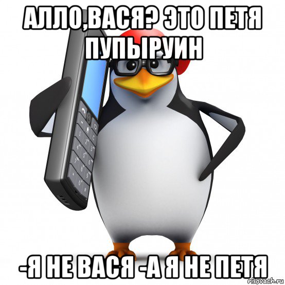 алло,вася? это петя пупыруин -я не вася -а я не петя, Мем   Пингвин звонит