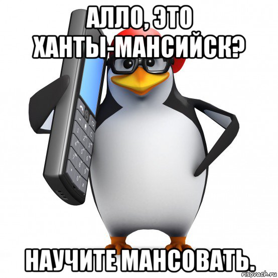 алло, это ханты-мансийск? научите мансовать., Мем   Пингвин звонит