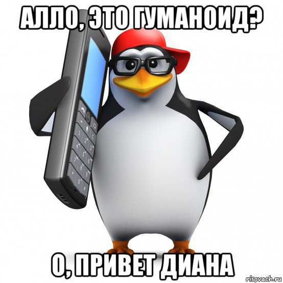 алло, это гуманоид? о, привет диана, Мем   Пингвин звонит