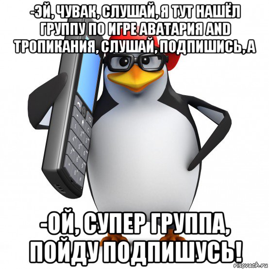 -эй, чувак, слушай, я тут нашёл группу по игре аватария and тропикания, слушай, подпишись, а -ой, супер группа, пойду подпишусь!, Мем   Пингвин звонит