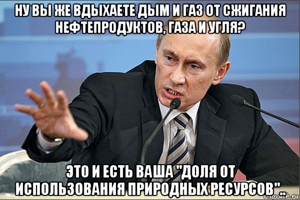 ну вы же вдыхаете дым и газ от сжигания нефтепродуктов, газа и угля? это и есть ваша "доля от использования природных ресурсов".., Мем Путин