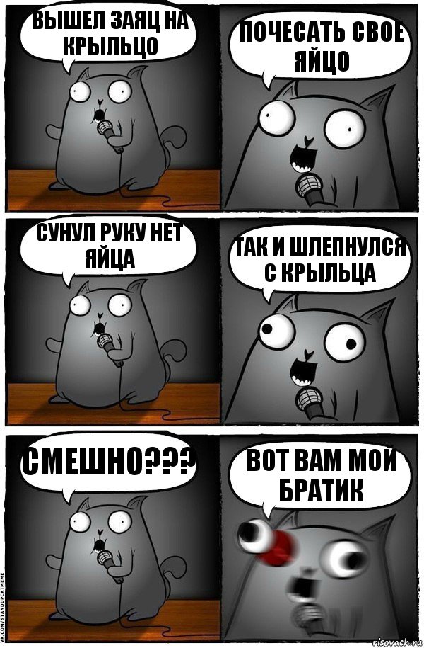 вышел заяц на крыльцо почесать свое яйцо сунул руку нет яйца так и шлепнулся с крыльца смешно??? вот вам мой братик