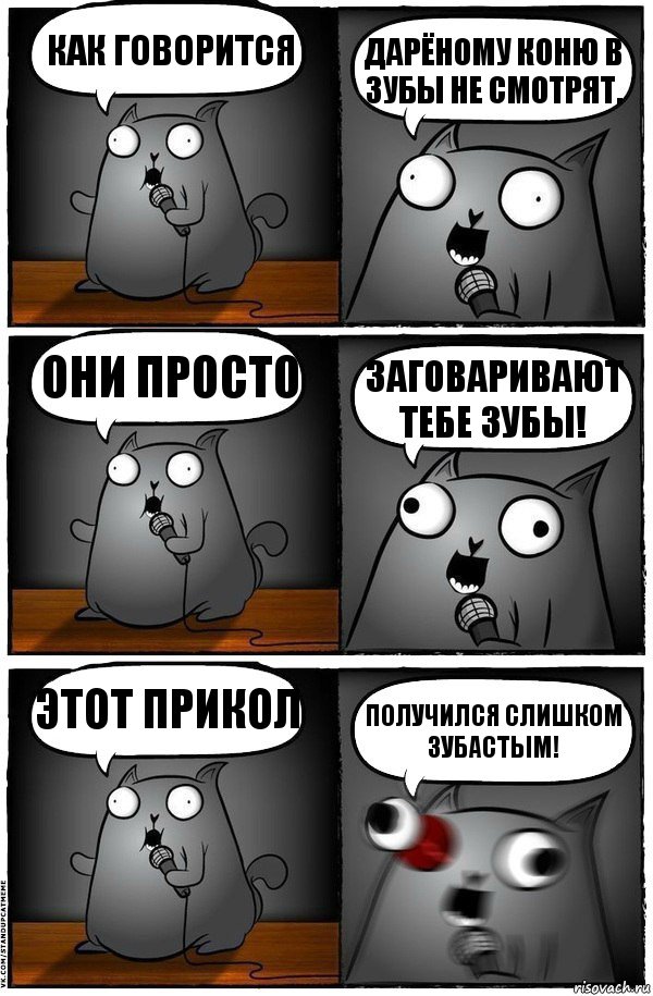 Как говорится дарёному коню в зубы не смотрят. они просто заговаривают тебе зубы! Этот прикол получился слишком зубастым!, Комикс  Стендап-кот