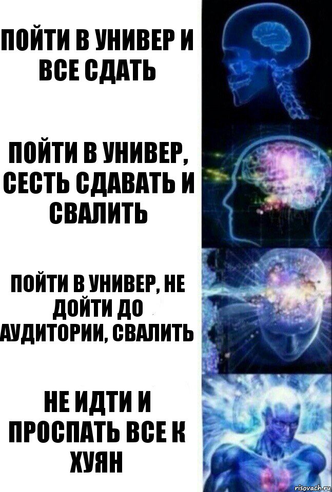 Пойти в универ и все сдать Пойти в универ, сесть сдавать и свалить Пойти в универ, не дойти до аудитории, свалить Не идти и проспать все к хуян, Комикс  Сверхразум