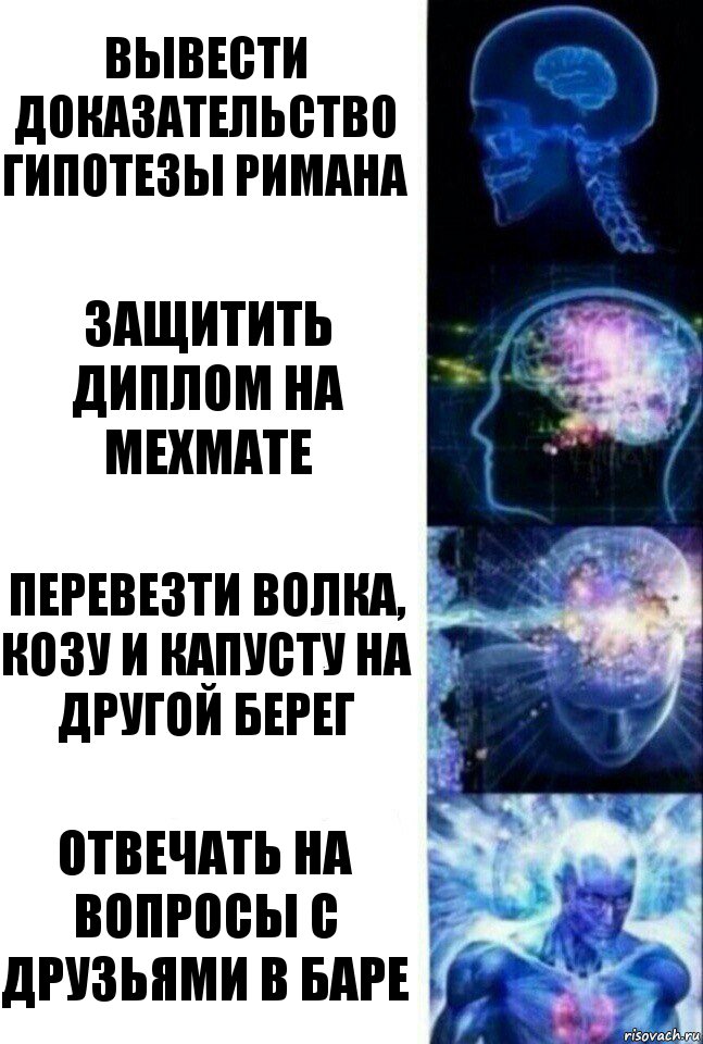 Вывести доказательство гипотезы Римана Защитить диплом на мехмате Перевезти волка, козу и капусту на другой берег Отвечать на вопросы с друзьями в баре, Комикс  Сверхразум