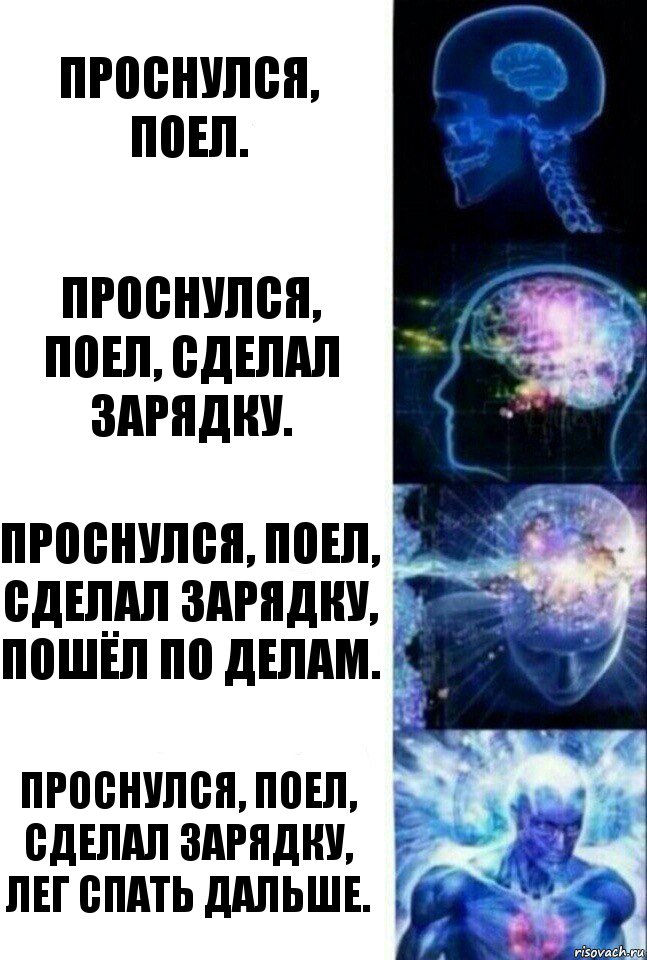 Проснулся, поел. проснулся, поел, сделал зарядку. Проснулся, поел, сделал зарядку, пошёл по делам. проснулся, поел, сделал зарядку, лег спать дальше., Комикс  Сверхразум