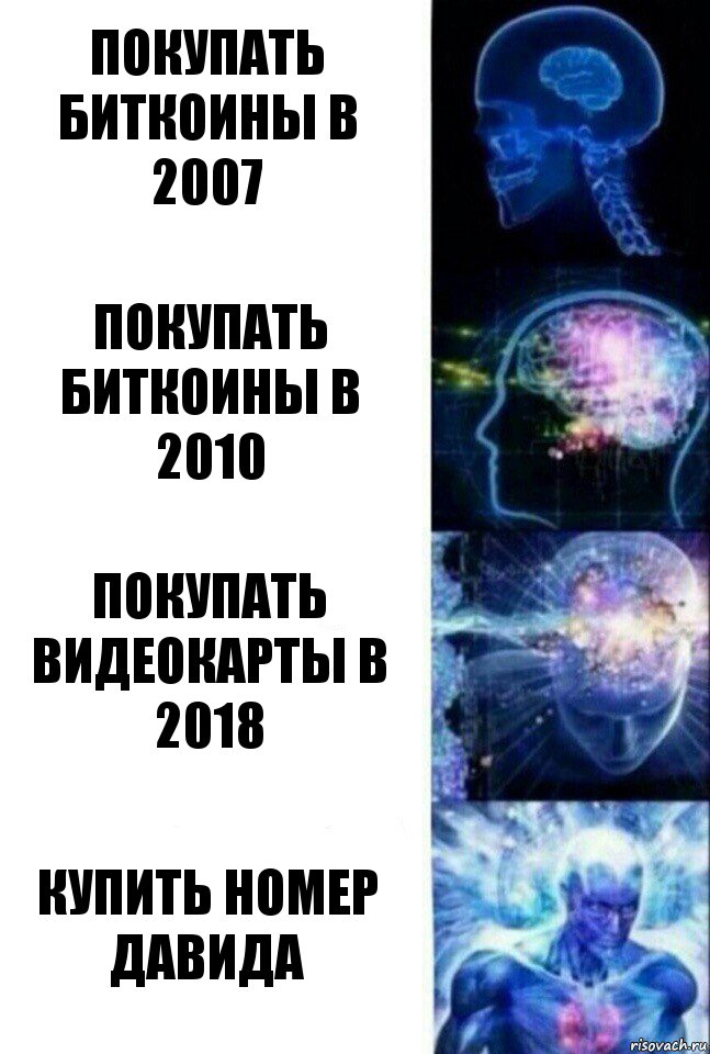 Покупать биткоины в 2007 Покупать биткоины в 2010 Покупать видеокарты в 2018 Купить номер Давида, Комикс  Сверхразум