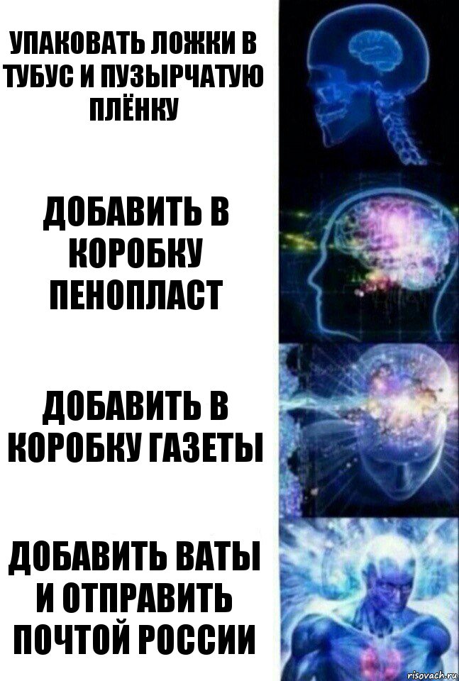 Упаковать ложки в тубус и пузырчатую плёнку Добавить в коробку пенопласт Добавить в коробку газеты Добавить ваты и отправить почтой России, Комикс  Сверхразум