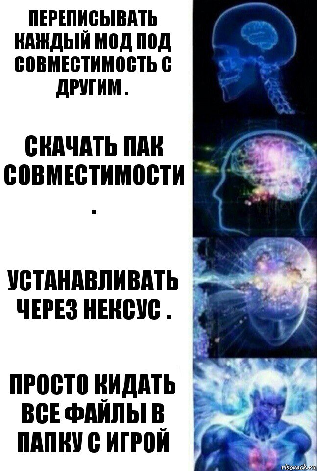 Переписывать каждый мод под совместимость с другим . Скачать пак совместимости . Устанавливать через нексус . Просто кидать все файлы в папку с игрой, Комикс  Сверхразум