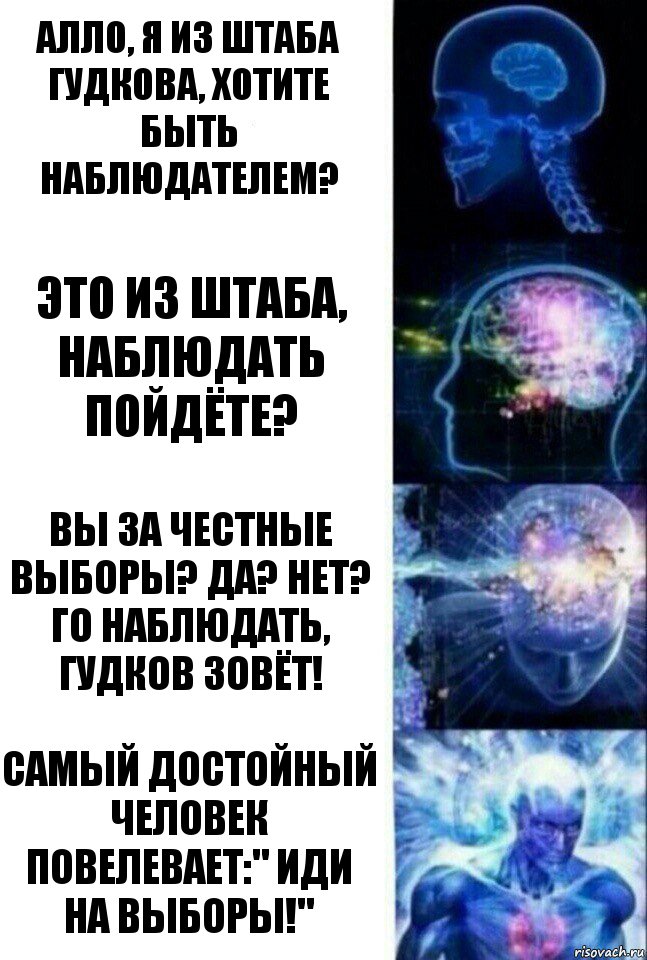 Алло, я из штаба Гудкова, хотите быть наблюдателем? Это из штаба, наблюдать пойдёте? Вы за честные выборы? Да? Нет? Го наблюдать, Гудков зовёт! Самый достойный человек повелевает:" ИДИ НА ВЫБОРЫ!", Комикс  Сверхразум