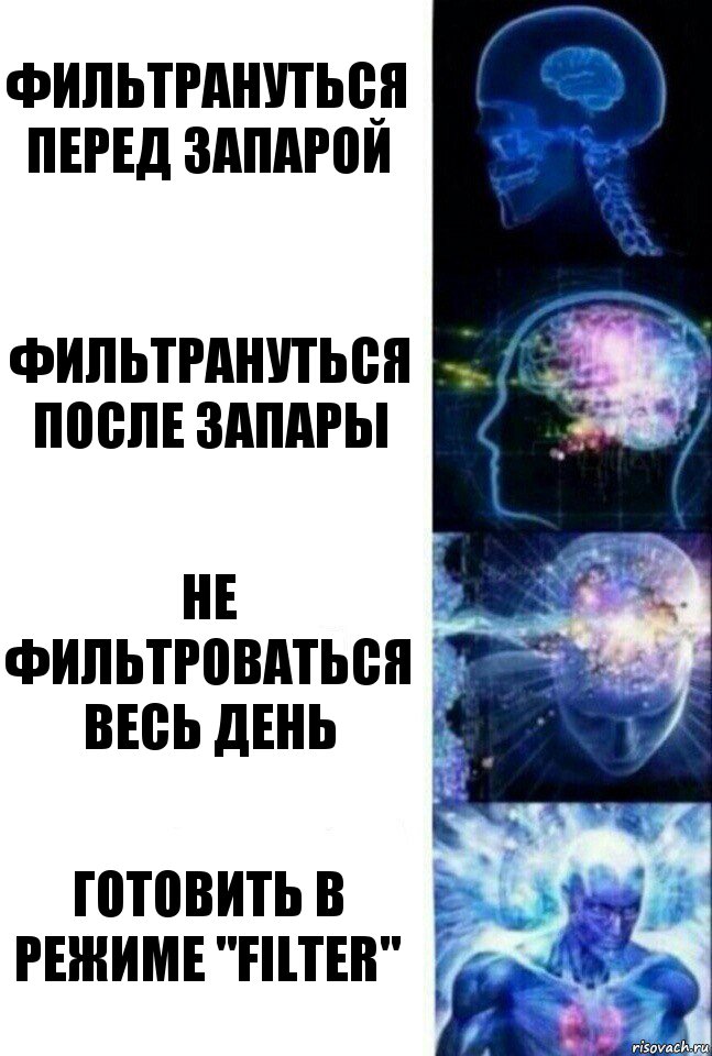 Фильтрануться перед запарой Фильтрануться после запары Не фильтроваться весь день Готовить в режиме "filter", Комикс  Сверхразум