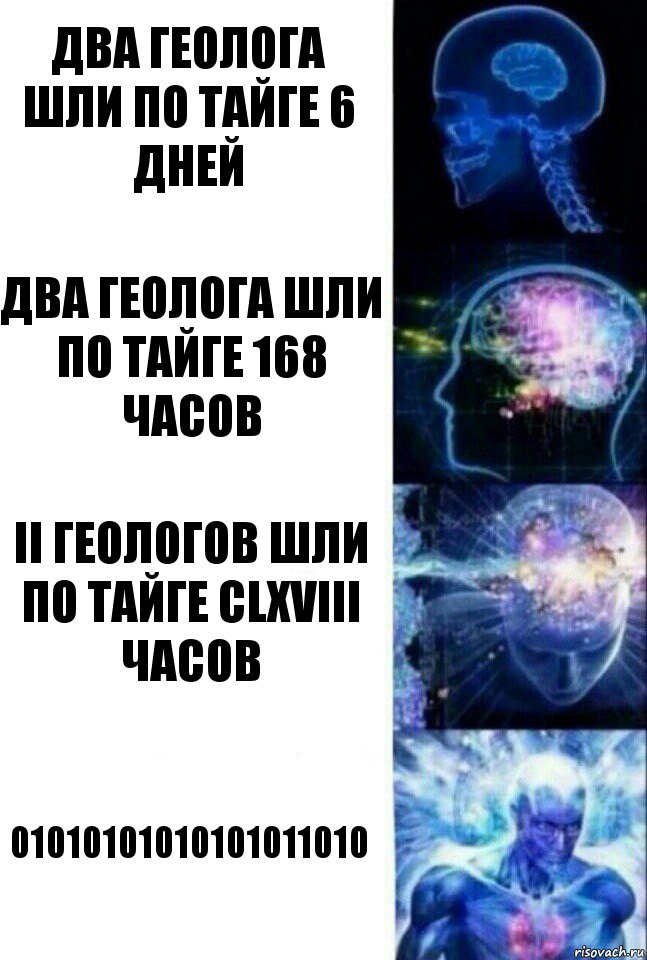 два геолога шли по тайге 6 дней два геолога шли по тайге 168 часов II геологов шли по тайге CLXVIII часов 01010101010101011010, Комикс  Сверхразум